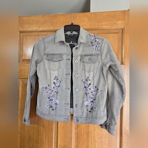 DG2 by Diane Gilman Gray Jean Jacket with Purple Floral Accents